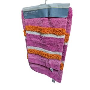 Essential Home 2 Piece Bath Rug Set Pink Orange White Striped Cotton New
